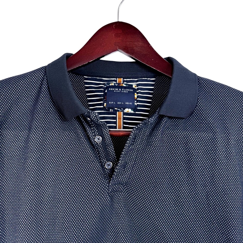 Denim & Flower Polo Shirt Mens L Navy Micro Pattern Cotton Blend Preppy Casual